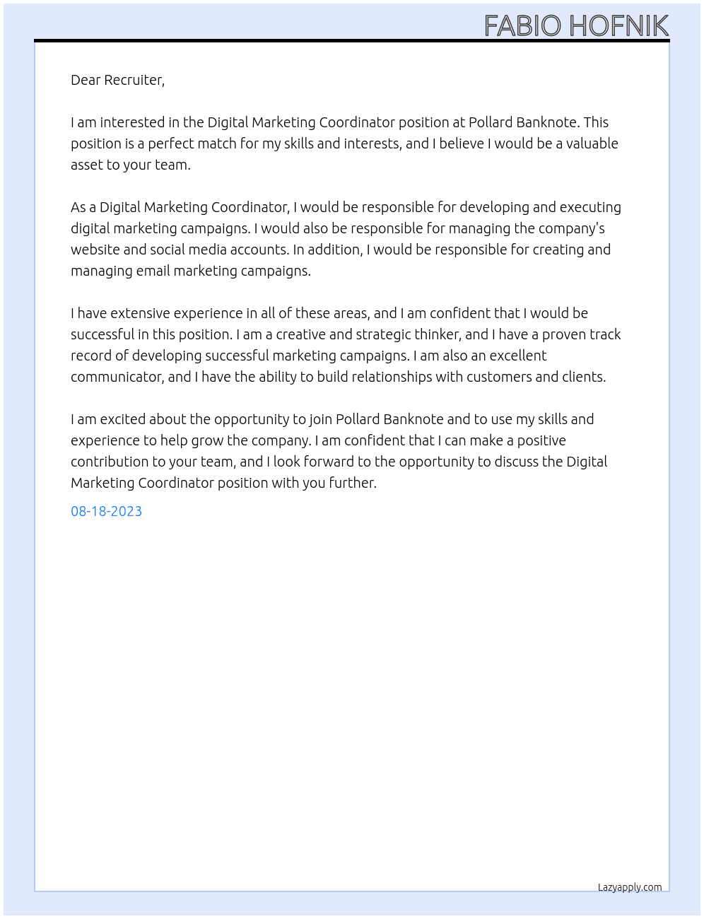 Digital Marketing Coordinator At Pollard Banknote   Cover Letter
