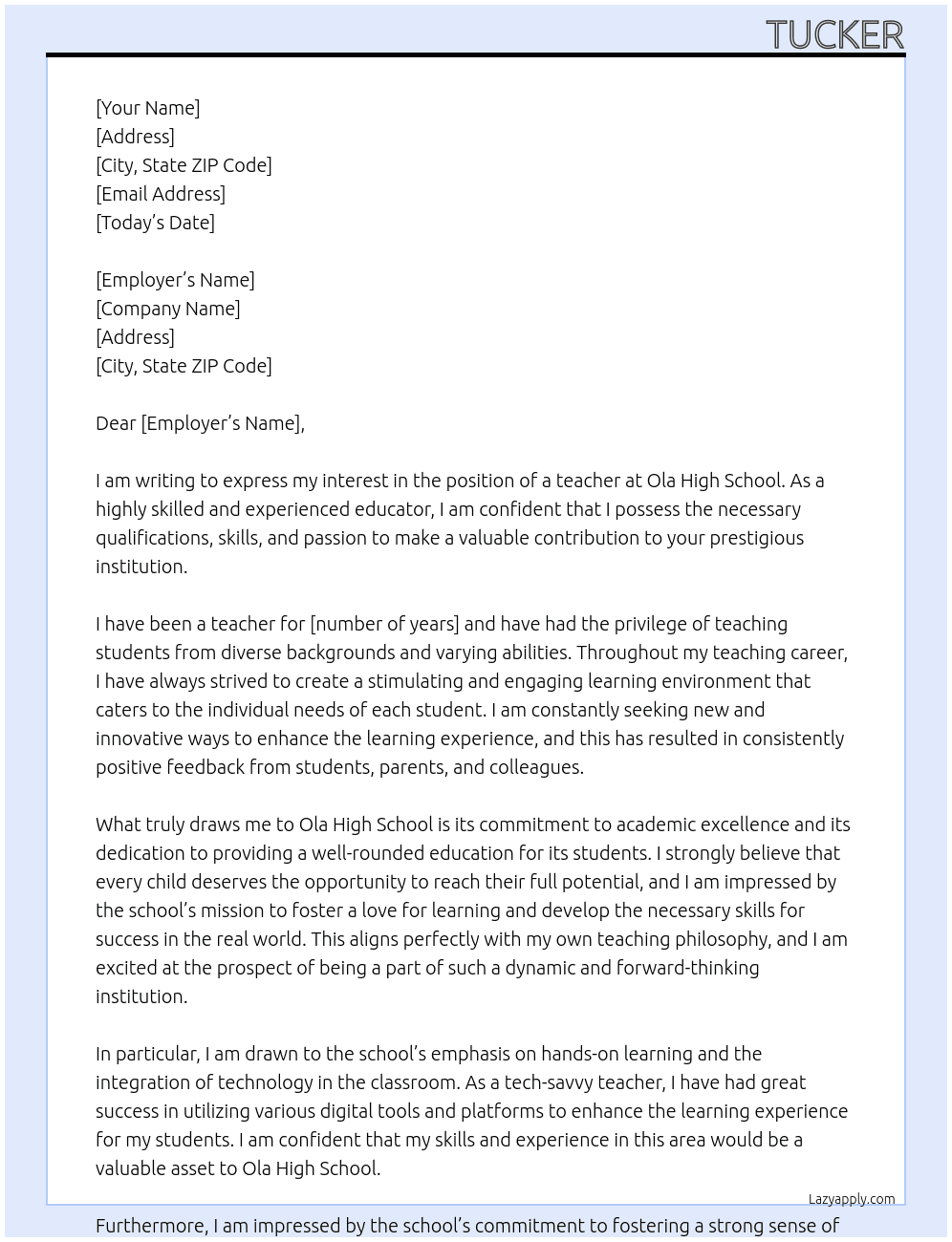 teacher At ola high school Cover Letter