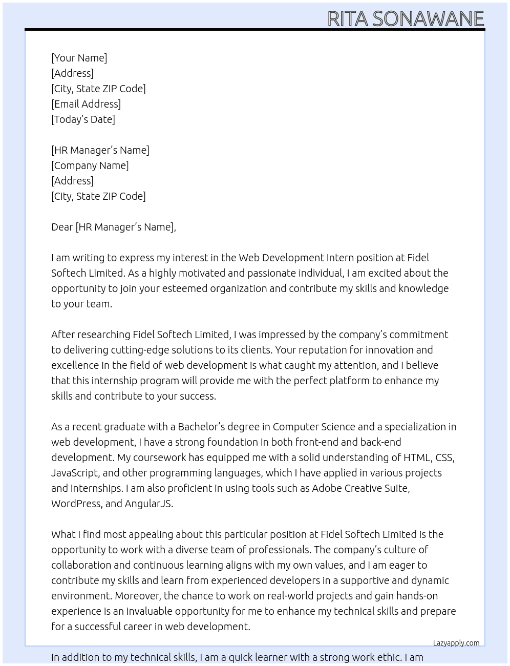 web development intern At Fidel Softech Limited Cover Letter