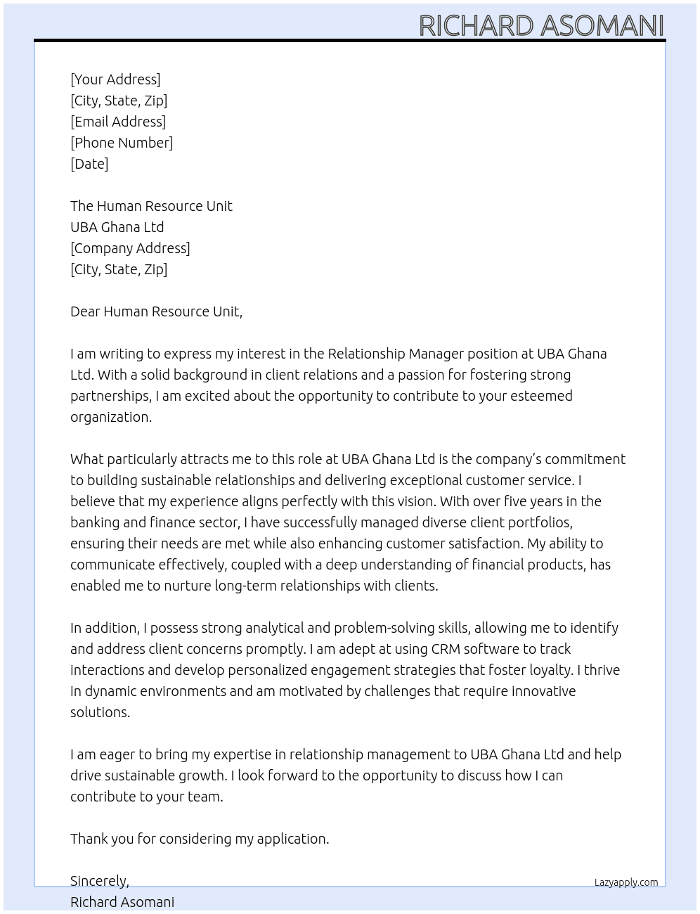 Relationship Manager  At UBA Ghana Ltd Cover Letter