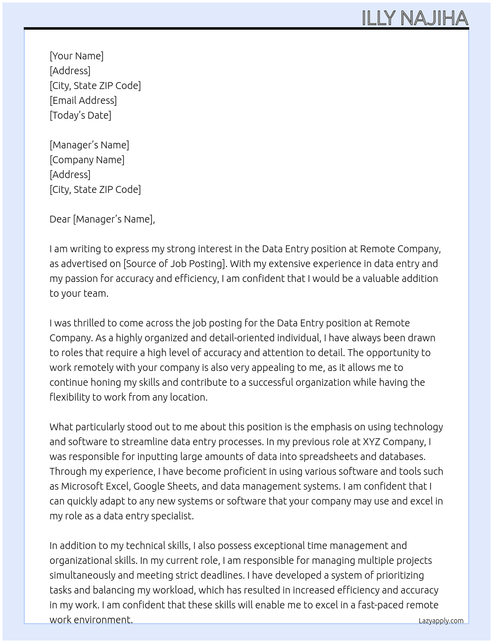 Data entry At Remote company Cover Letter