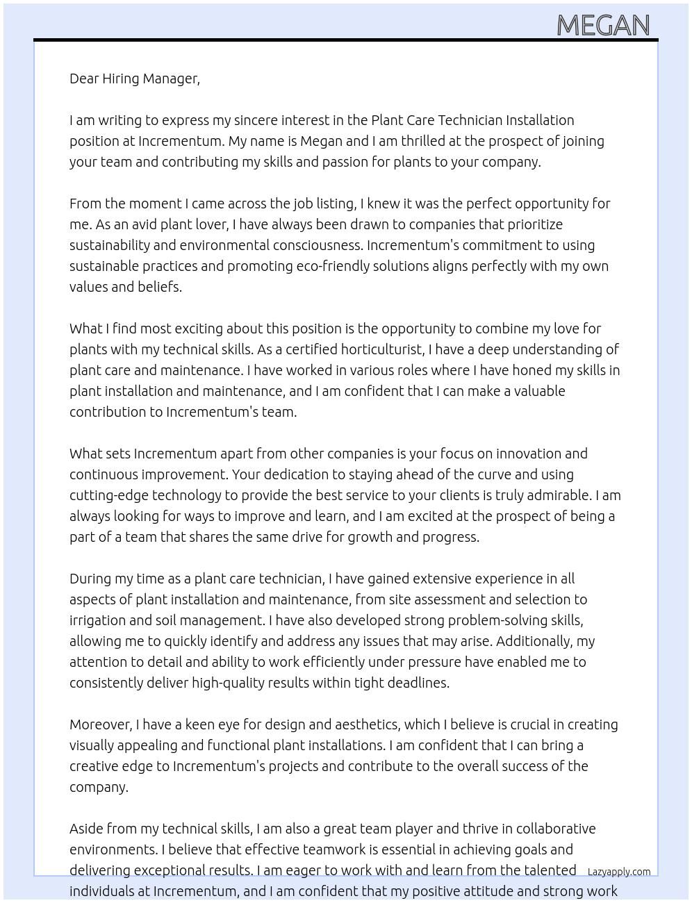 plant care technician installation  At incrementum Cover Letter