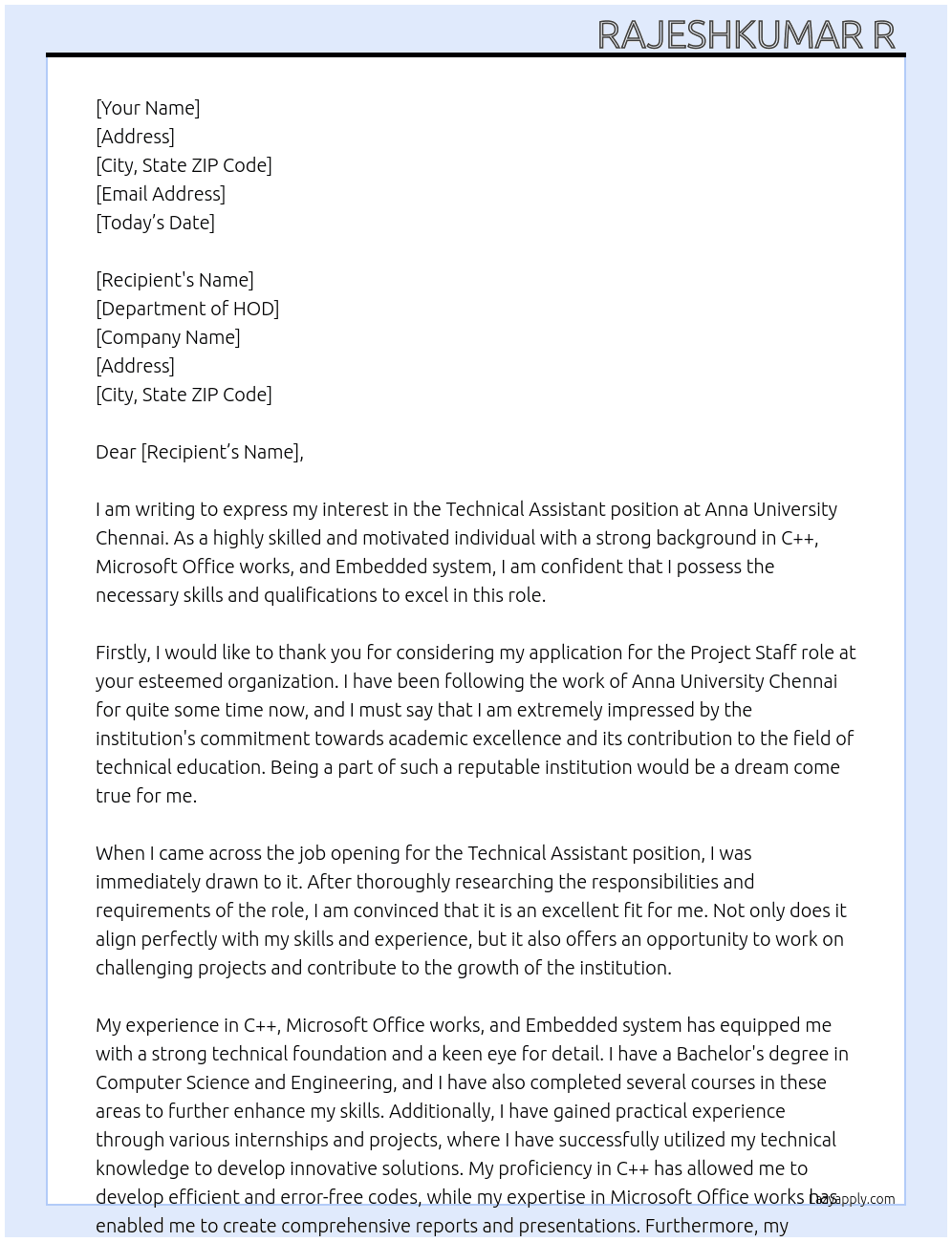 Technical Assistant  At Anna University Chennai  Cover Letter