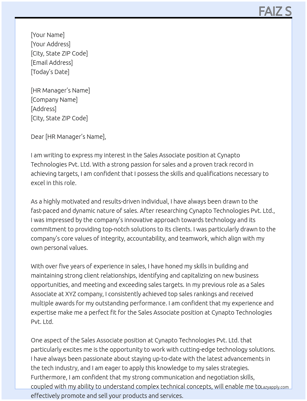 Sales associate At Cynapto Technologies Pvt. Ltd. Cover Letter