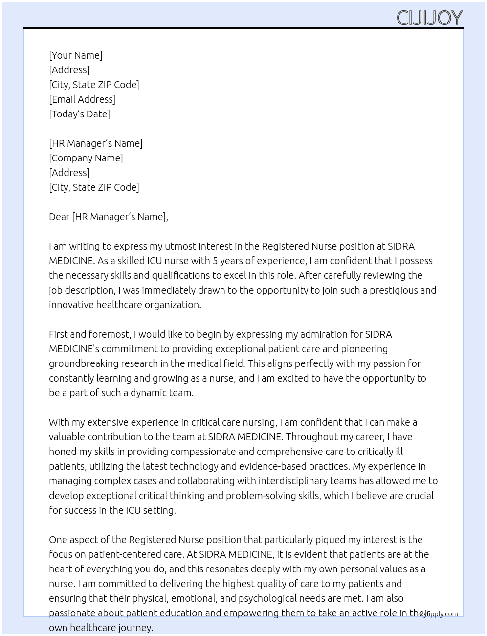 REGISTERED NURSE At SIDRA MEDICINE Cover Letter