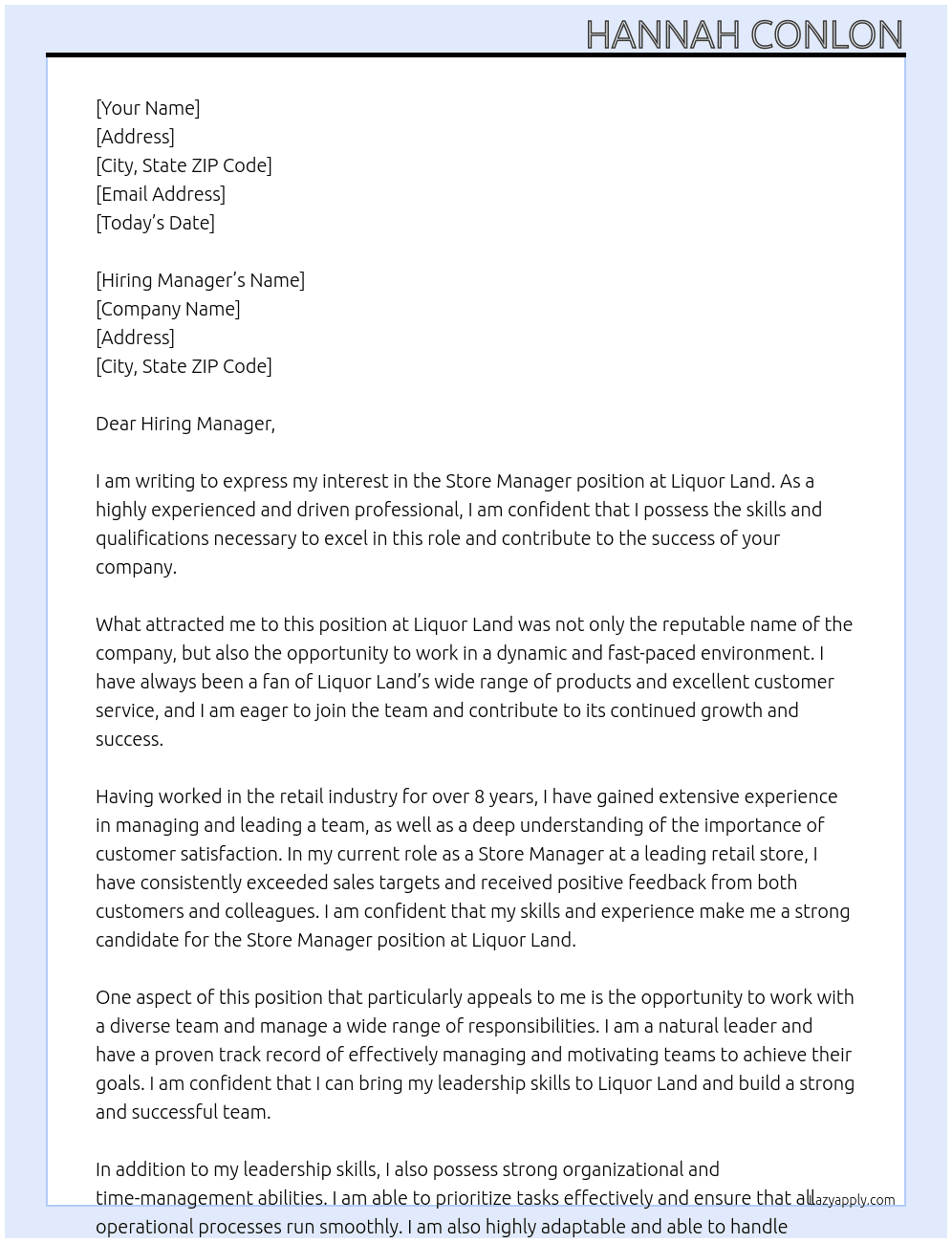 Store Manager  At Liquor Land  Cover Letter