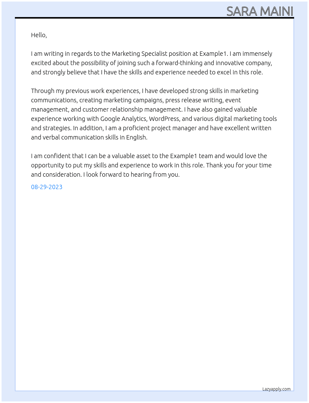 Marketing Specialist At Example1 Cover Letter