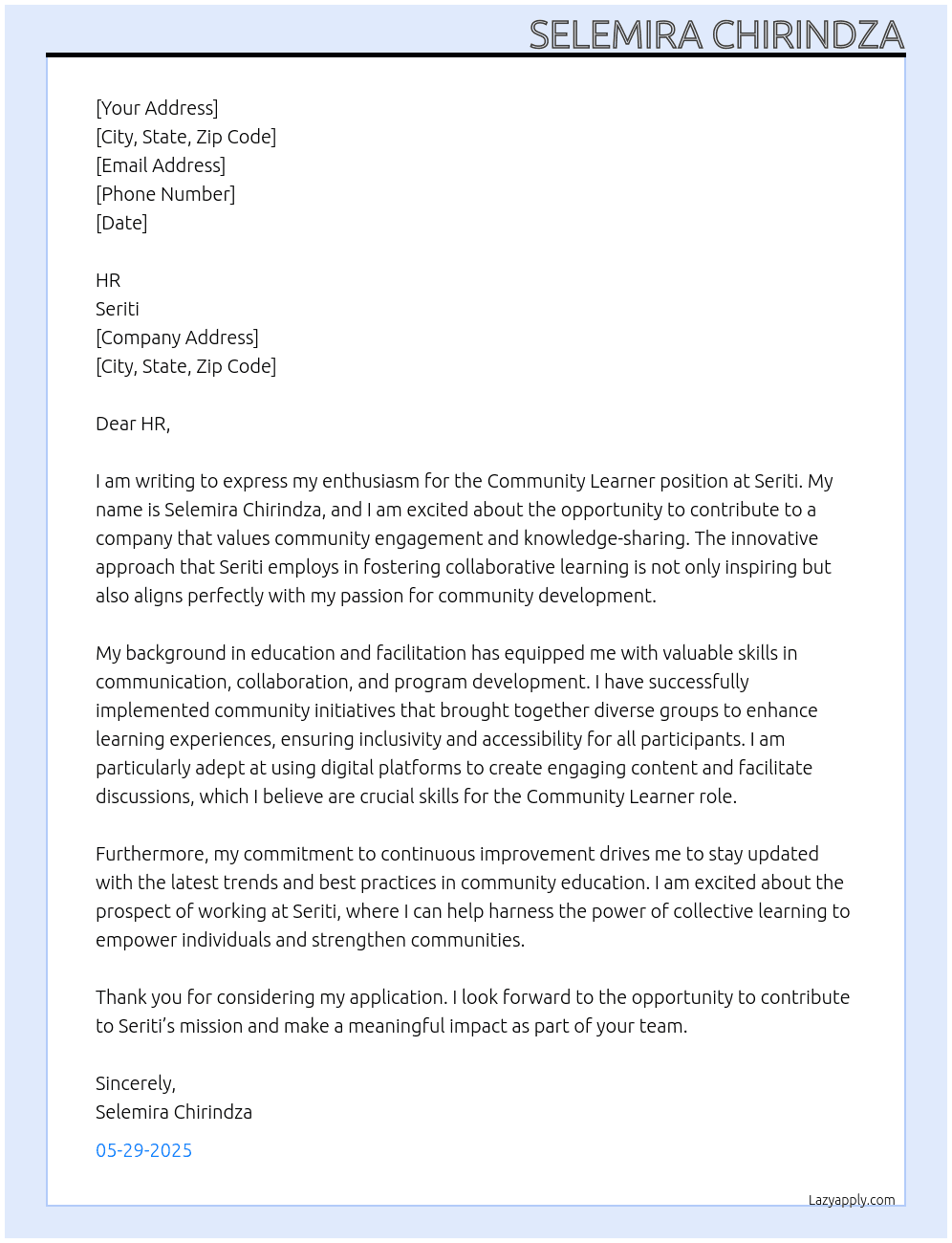 Community Learner At Seriti Cover Letter