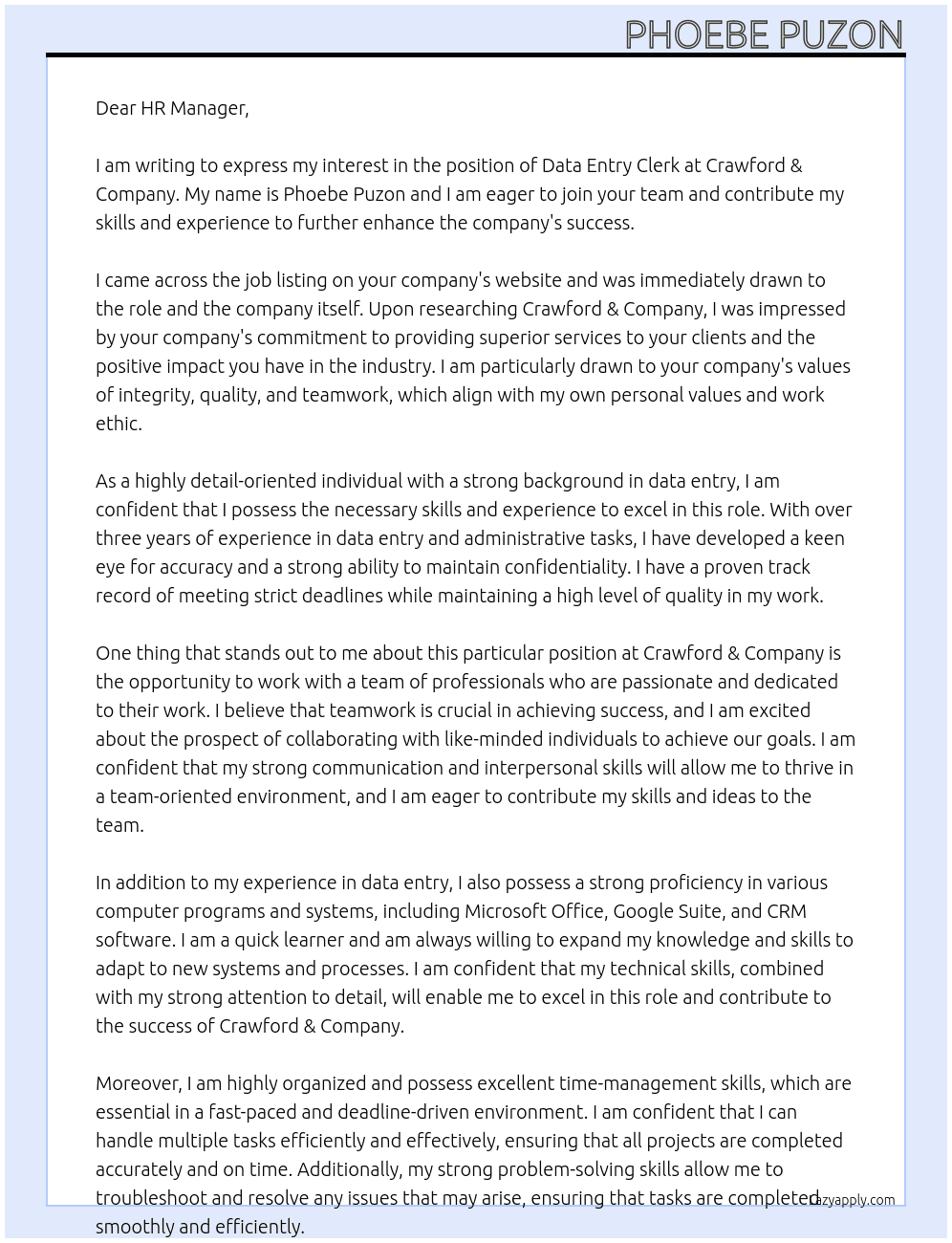 Data Entry Clerk At Crawford & Company Cover Letter