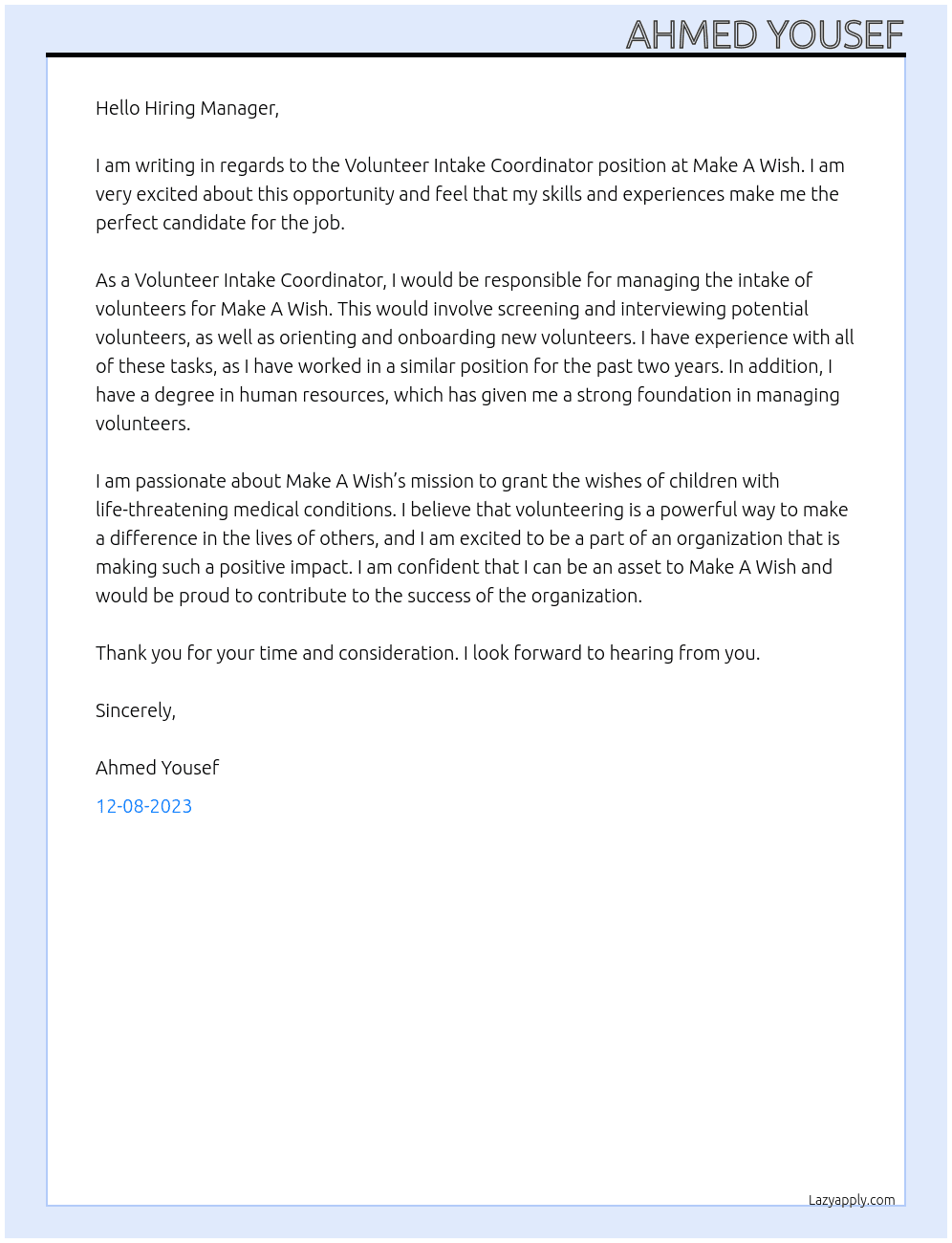 Volunteer Intake Coordinator  At Make A Wish Cover Letter