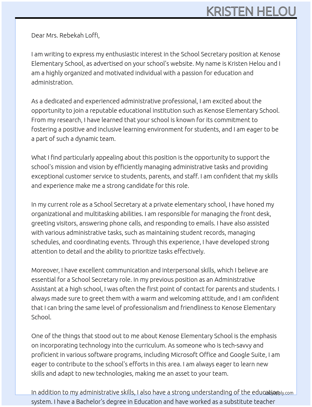School Secretary At Kenose Elementary School  Cover Letter