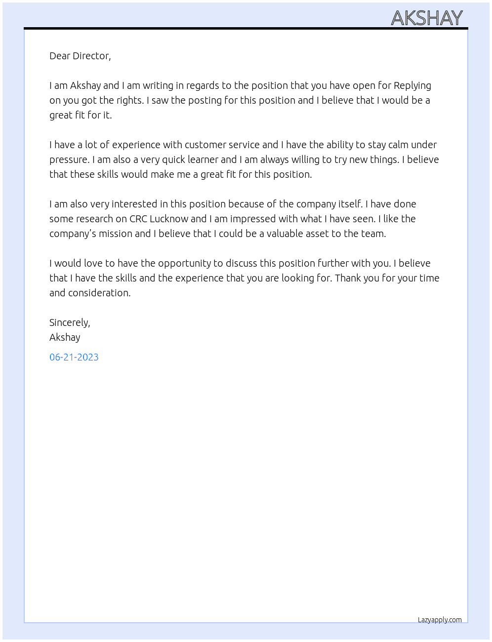 Replying on you got the rights   At CRC Lucknow  Cover Letter