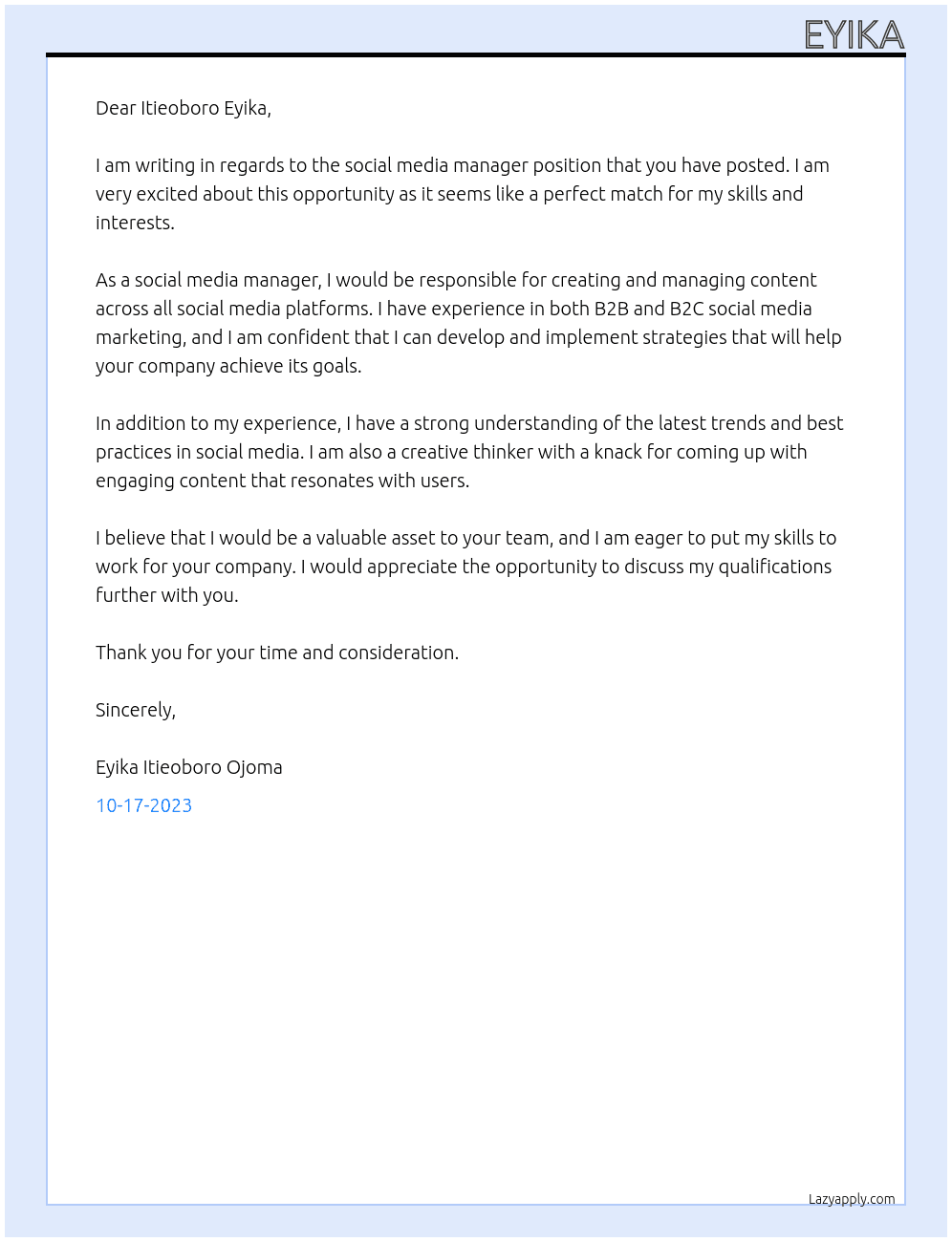 Social media manager  At Itieoboro Eyika Cover Letter