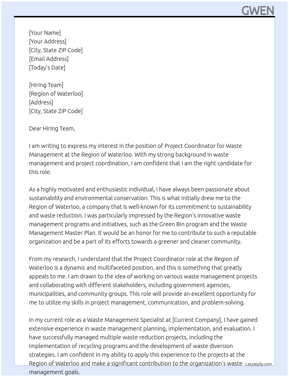 Project Coordinator (Waste Management) At Region of Waterloo Cover Letter