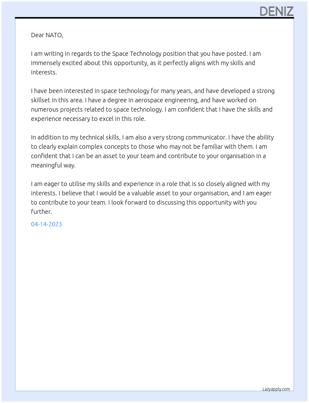 Space Technolgy At NATO Cover Letter
