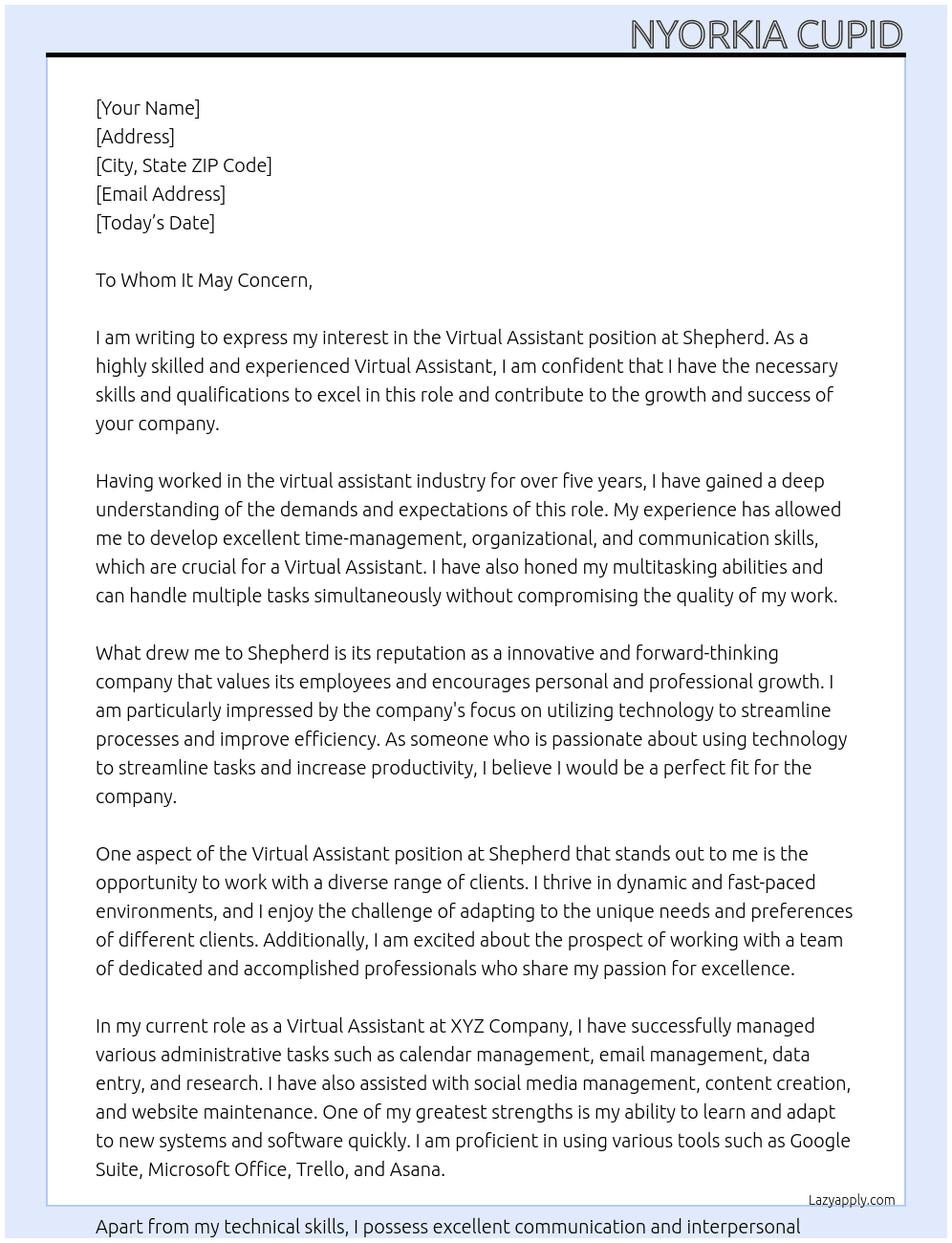 Virtual assistant At Shepherd Cover Letter