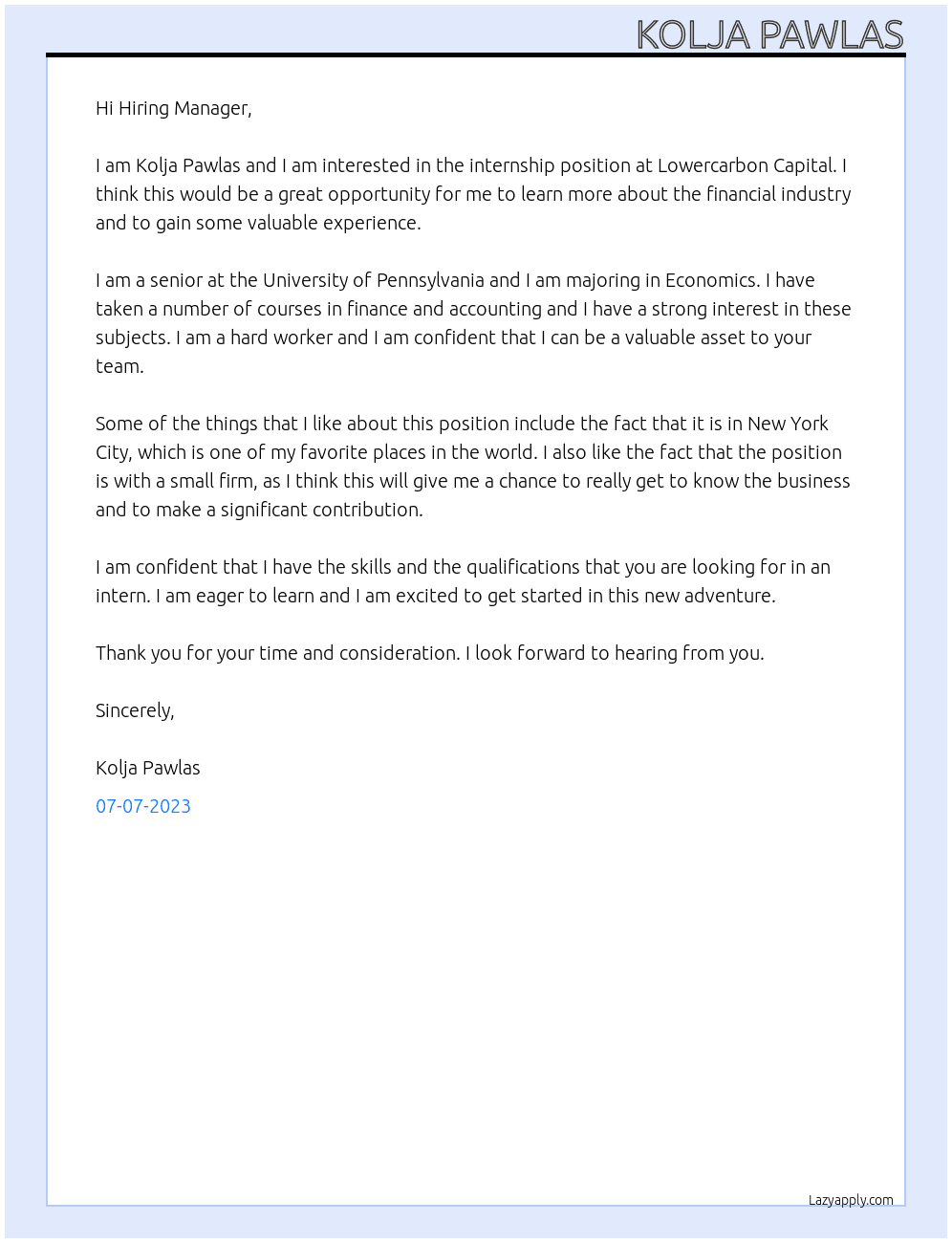 Internship At Lowercarbon Capital Cover Letter