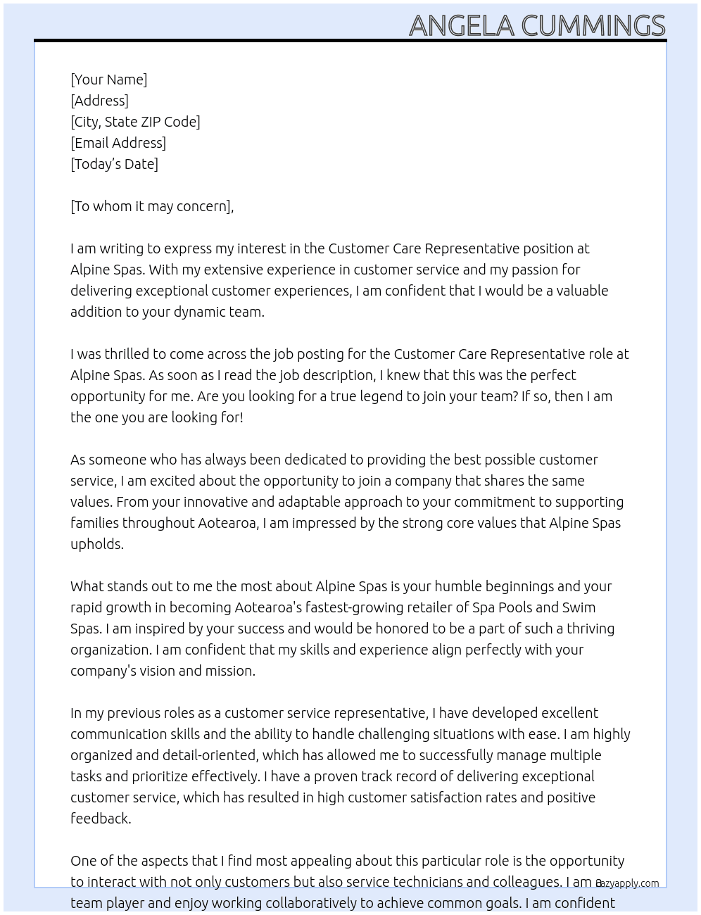 Customer Care Representative At Apline Spas Cover Letter