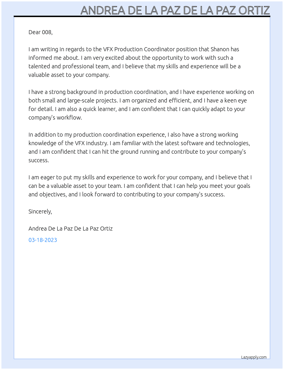 VFX PRODUCTION COORDINATOR At 008 Cover Letter