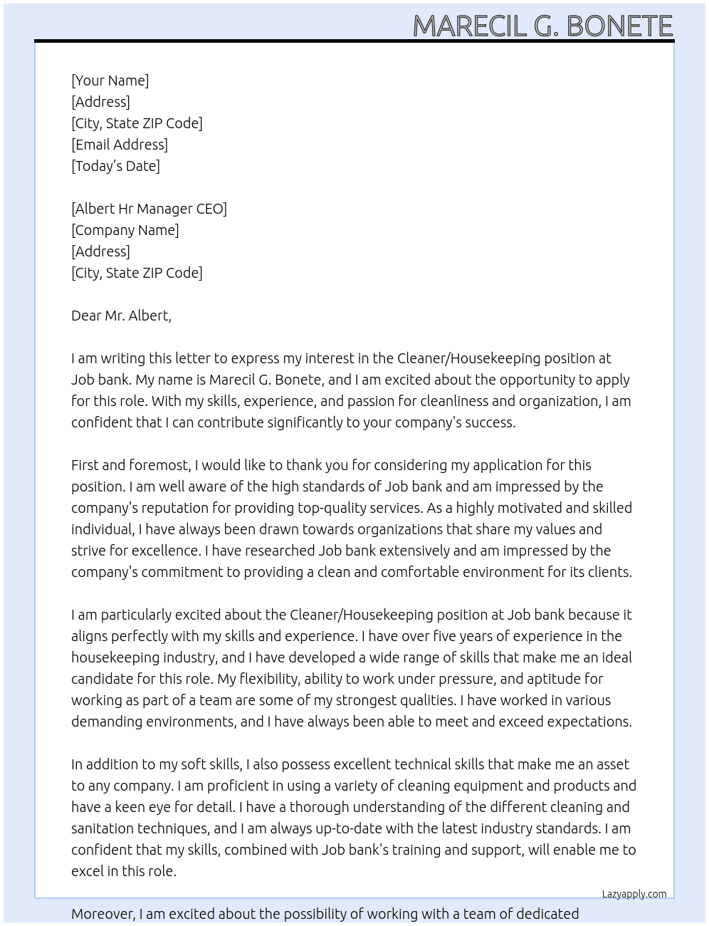Cleaner/Housekeeping  At Job bank Cover Letter