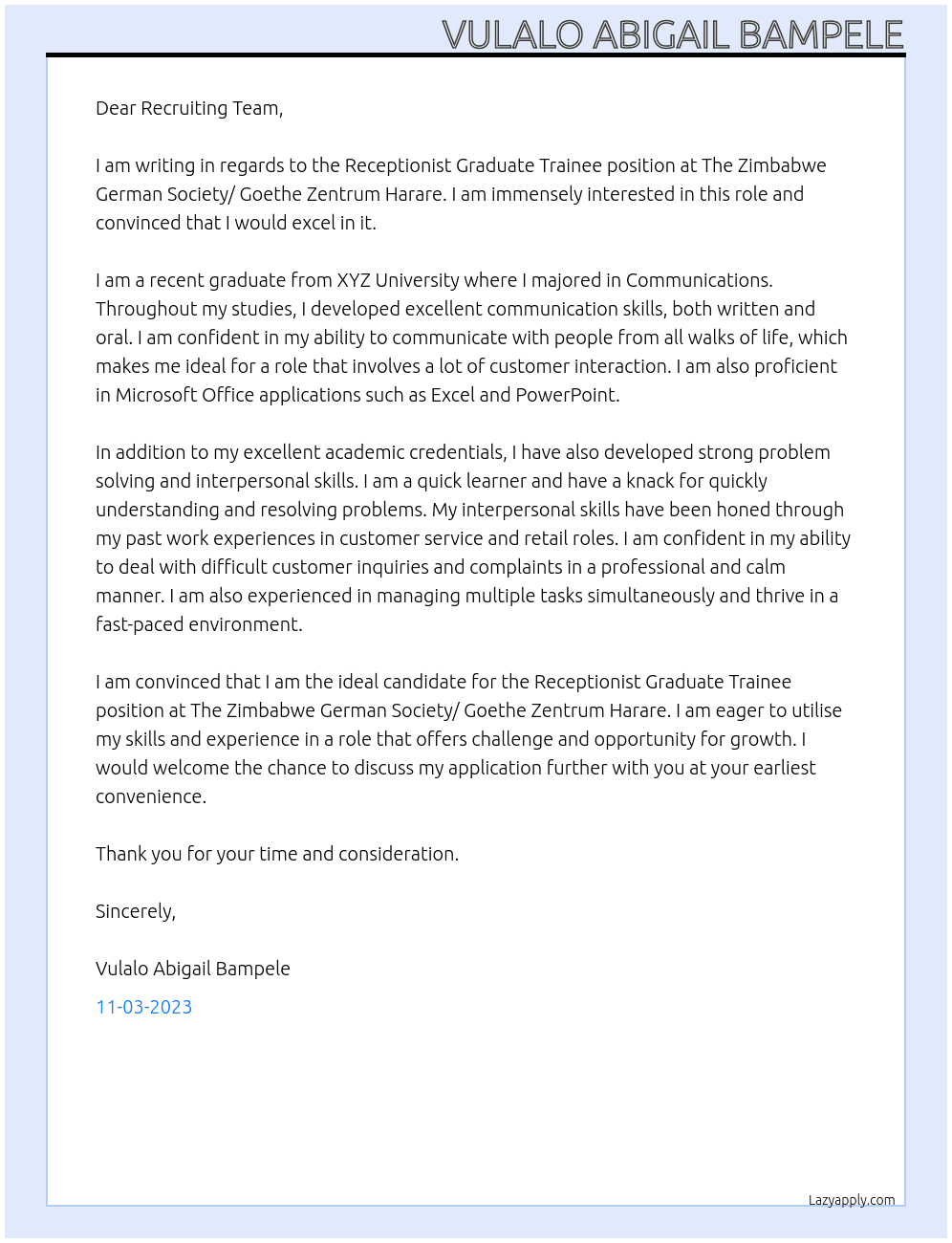 Receptionist Graduate Trainee At The Zimbabwe German Society/ Goethe Zentrum Harare Cover Letter