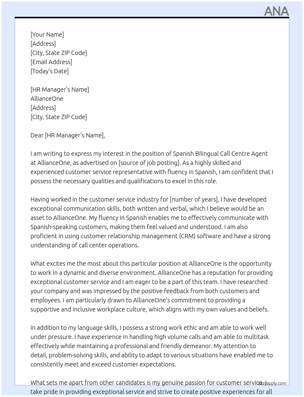 Spanish Bilingual Call Centre Agent  At AllianceOne Cover Letter