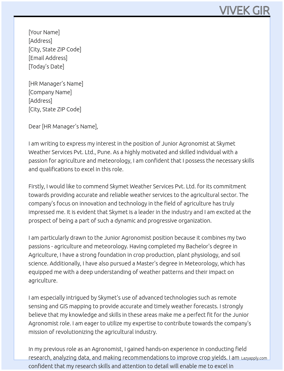 Cover letter for junior agronomist - LazyApply