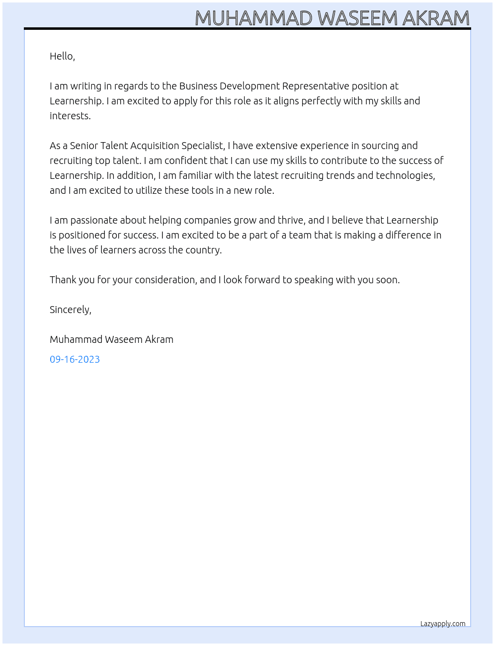 Business Development Representative At Learnership Cover Letter