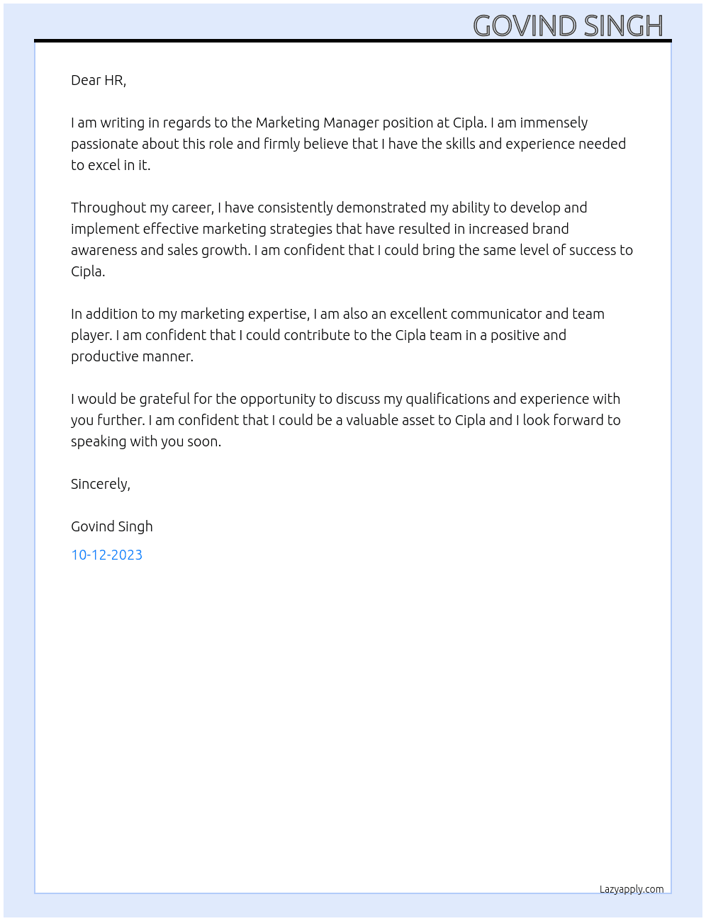 Marketing manager  At Cipla Cover Letter