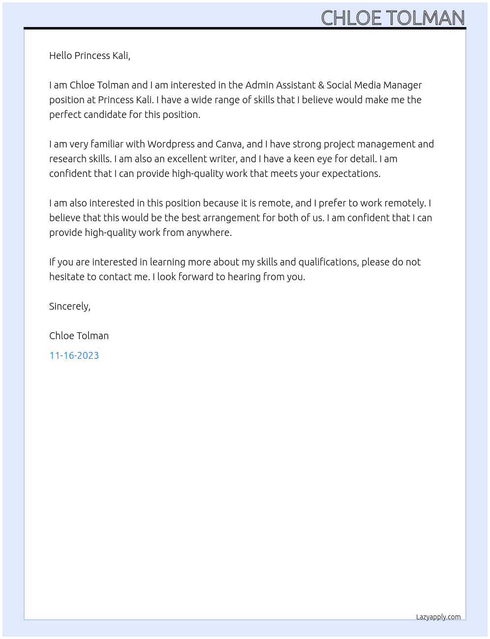Admin Assistant & Social Media Manager At Princess Kali Cover Letter