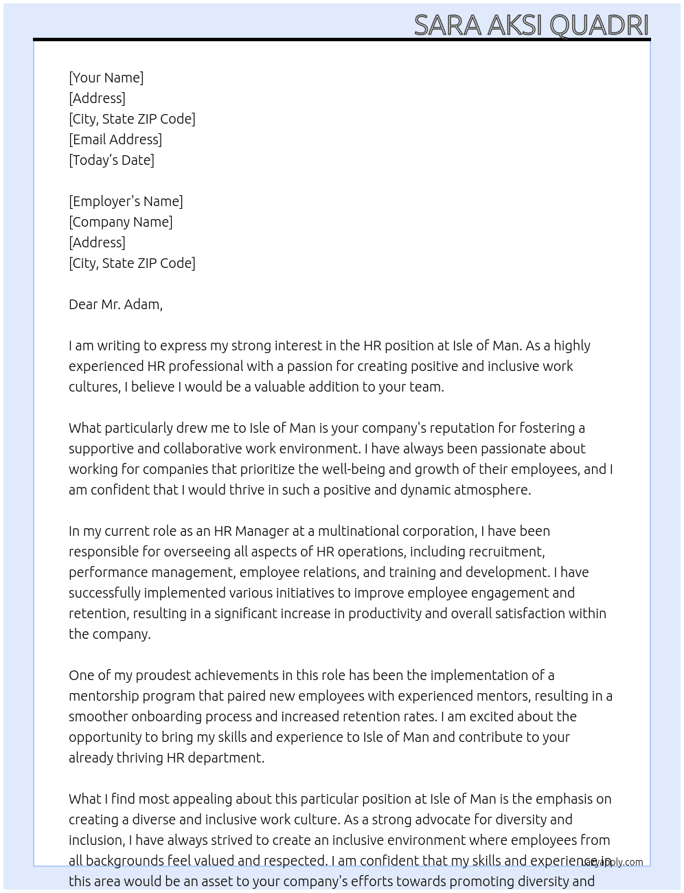 HR  At Isle of man Cover Letter
