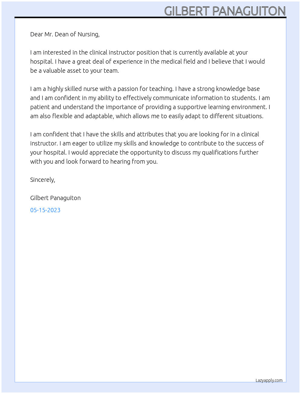 clinical instructoer At teacher Cover Letter