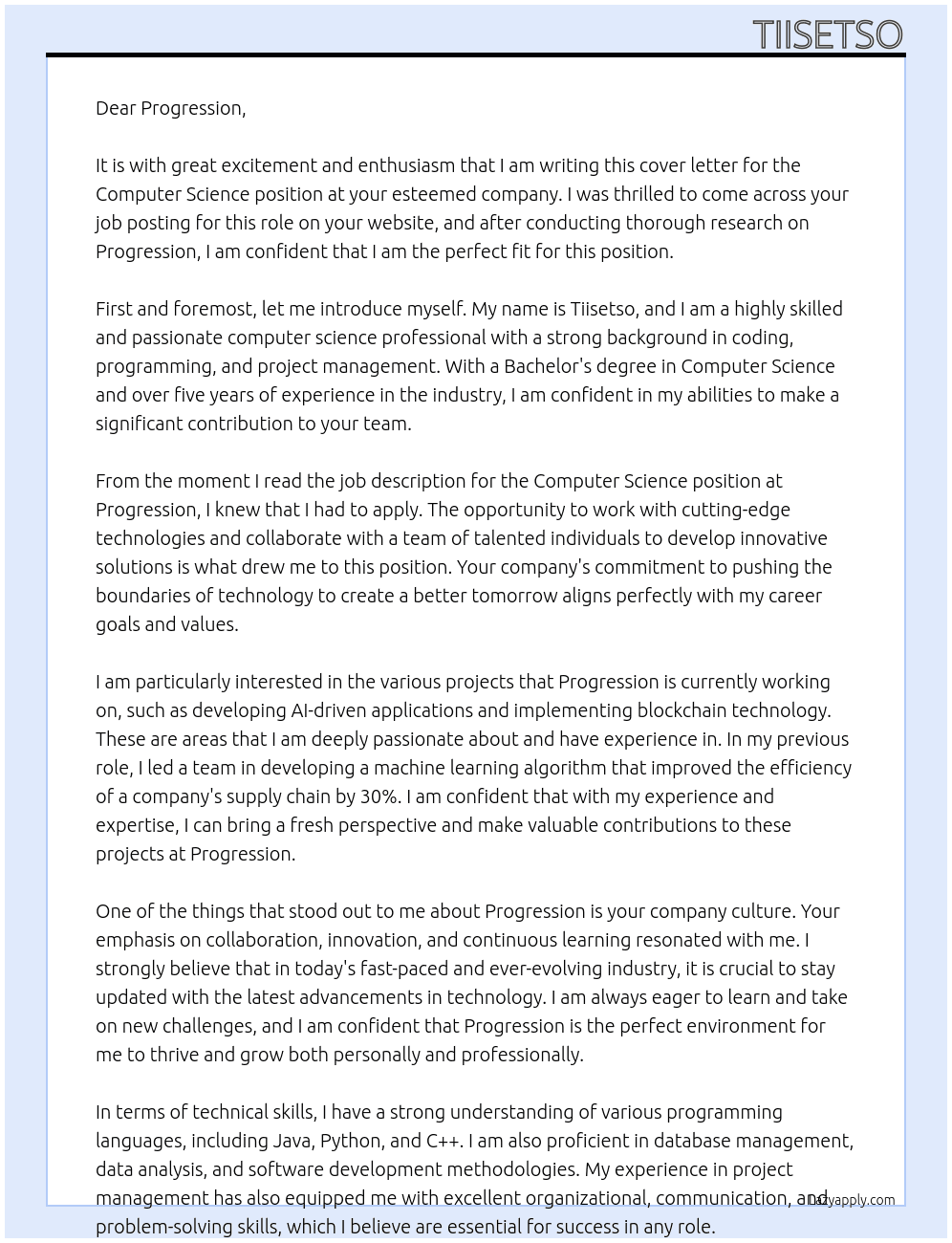 Computer Science  At Progression  Cover Letter