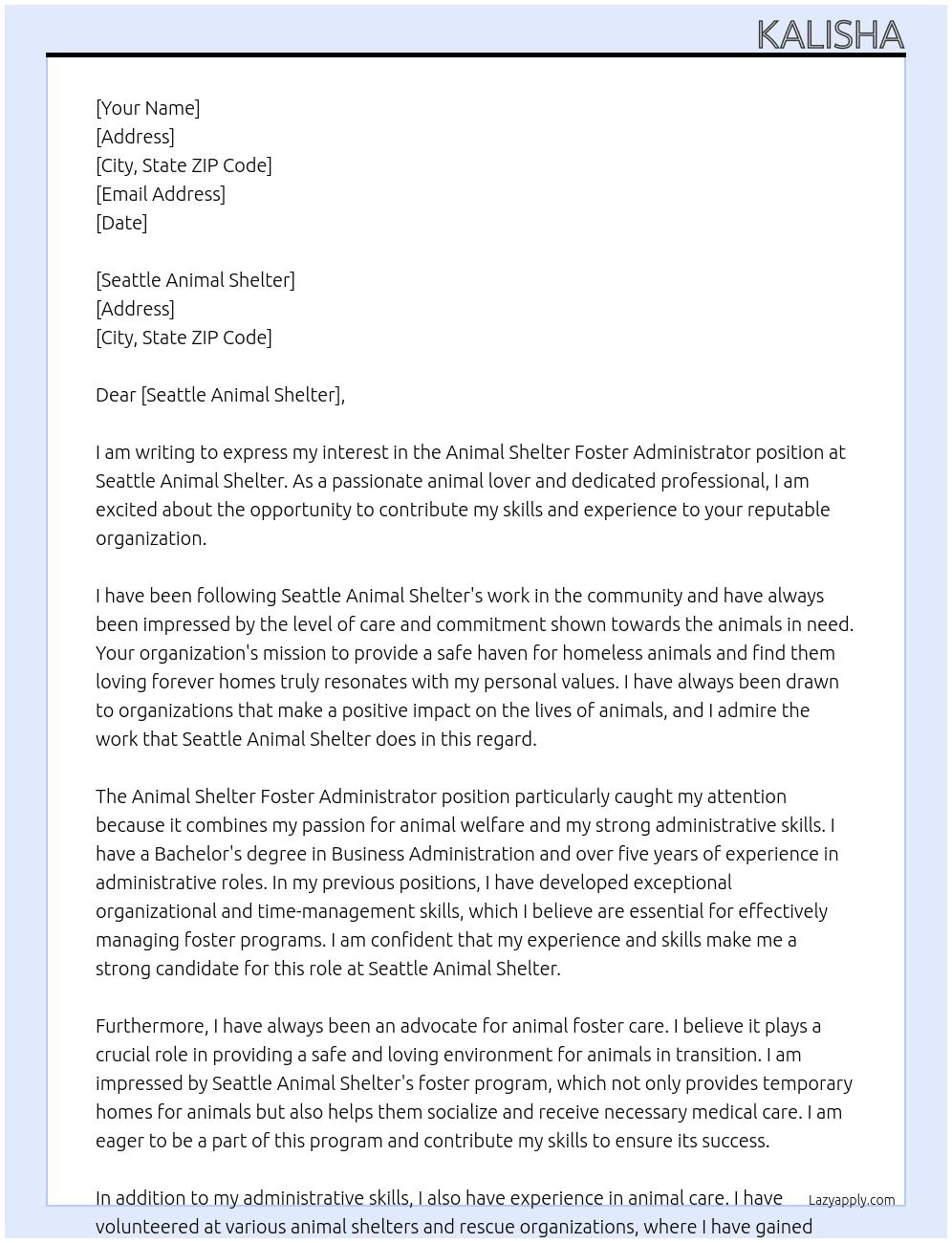 Animal Shelter Foster administrator  At Seattle Animal Shelter Cover Letter