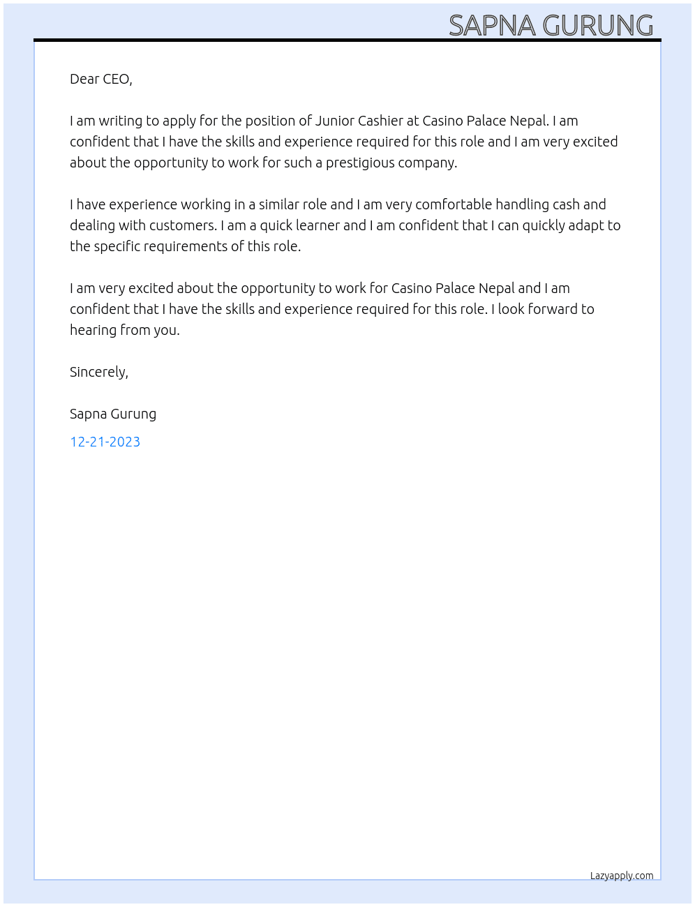 Junior cashier  At hr@casinopalacenepal.com  Cover Letter
