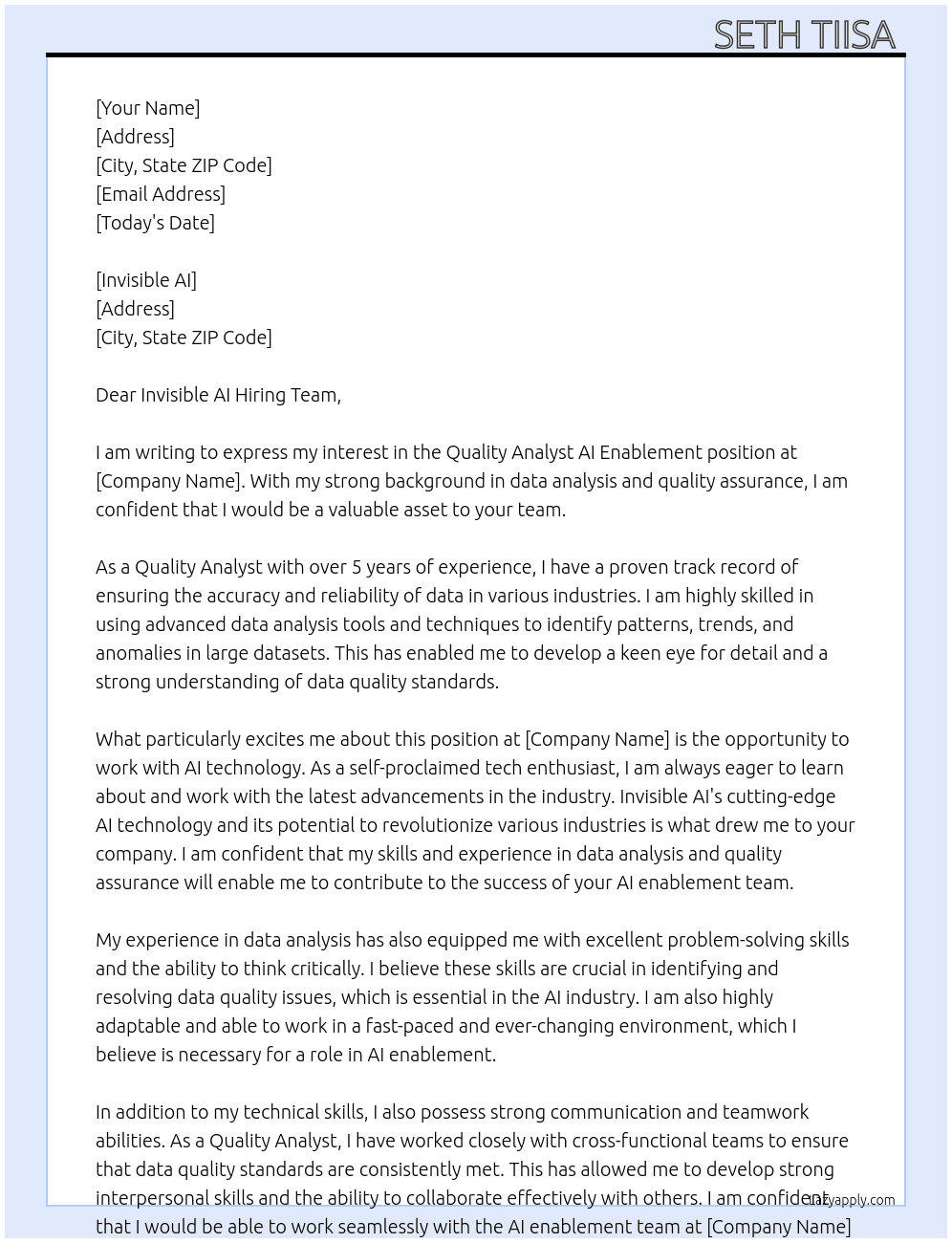 Quality Analyst AI Enablement At data Cover Letter