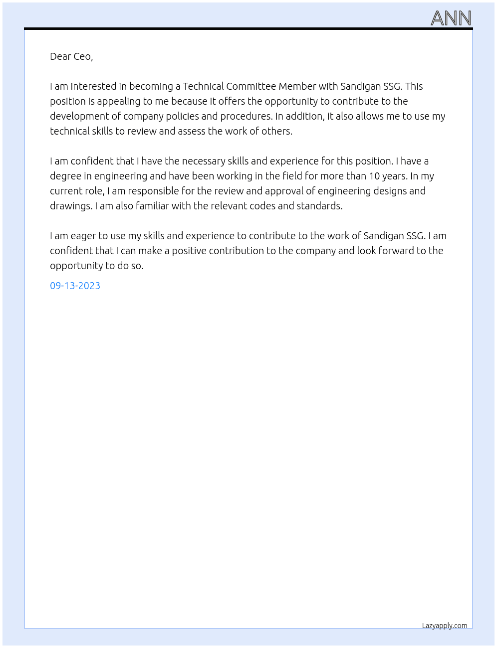 Technical Committee Member At Sandigan SSG Cover Letter