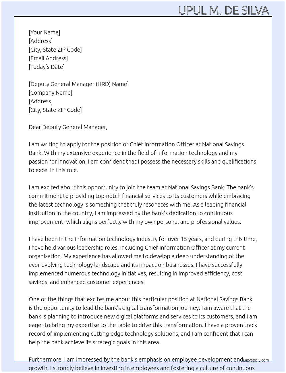Chief Information Officer At National Savings Bank Cover Letter