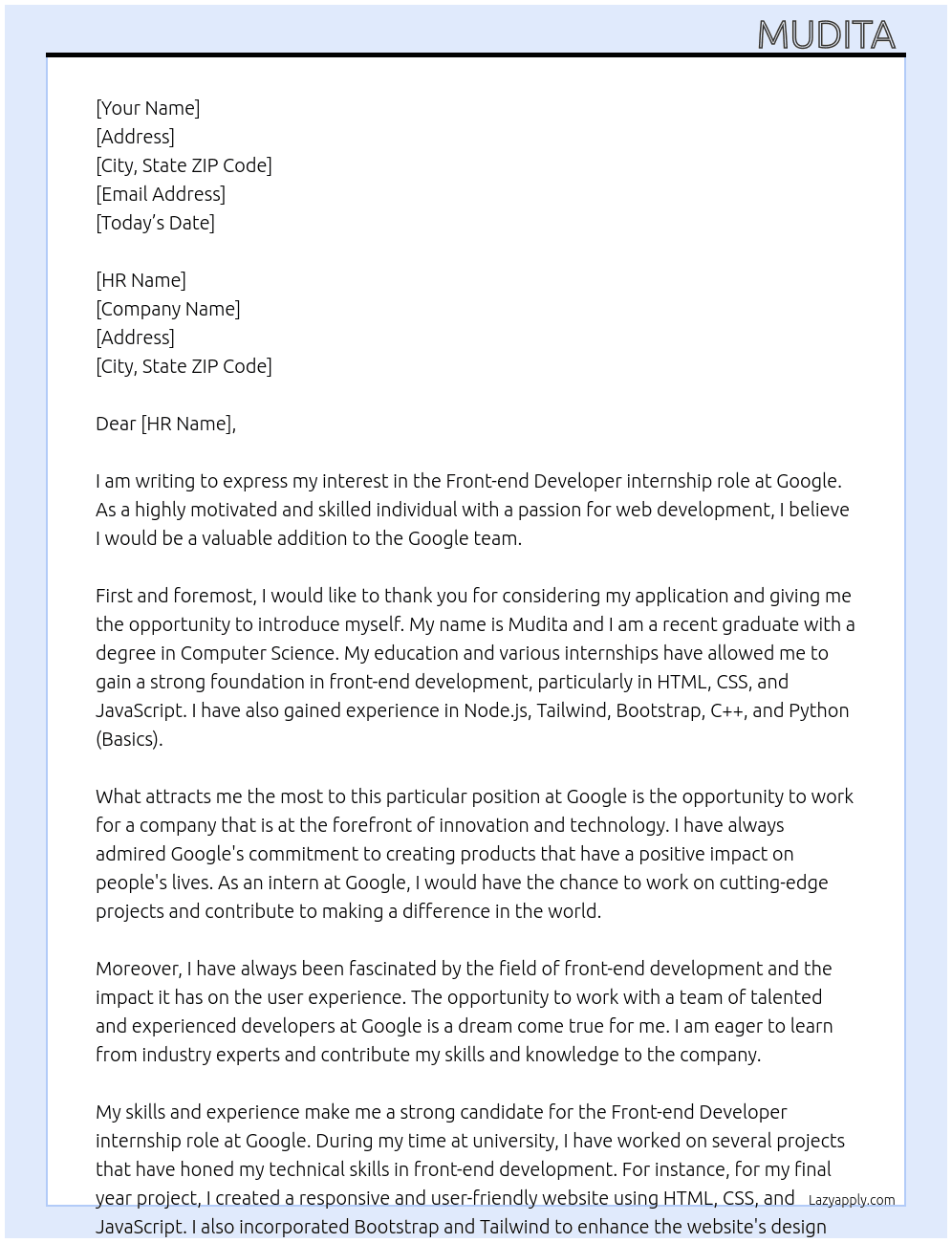 Front-end developer  At Google internship  Cover Letter