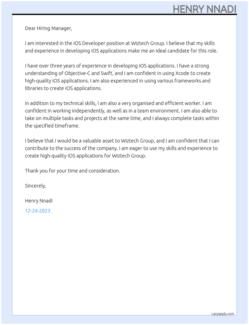 iOS Developer At Wiztech Group Cover Letter