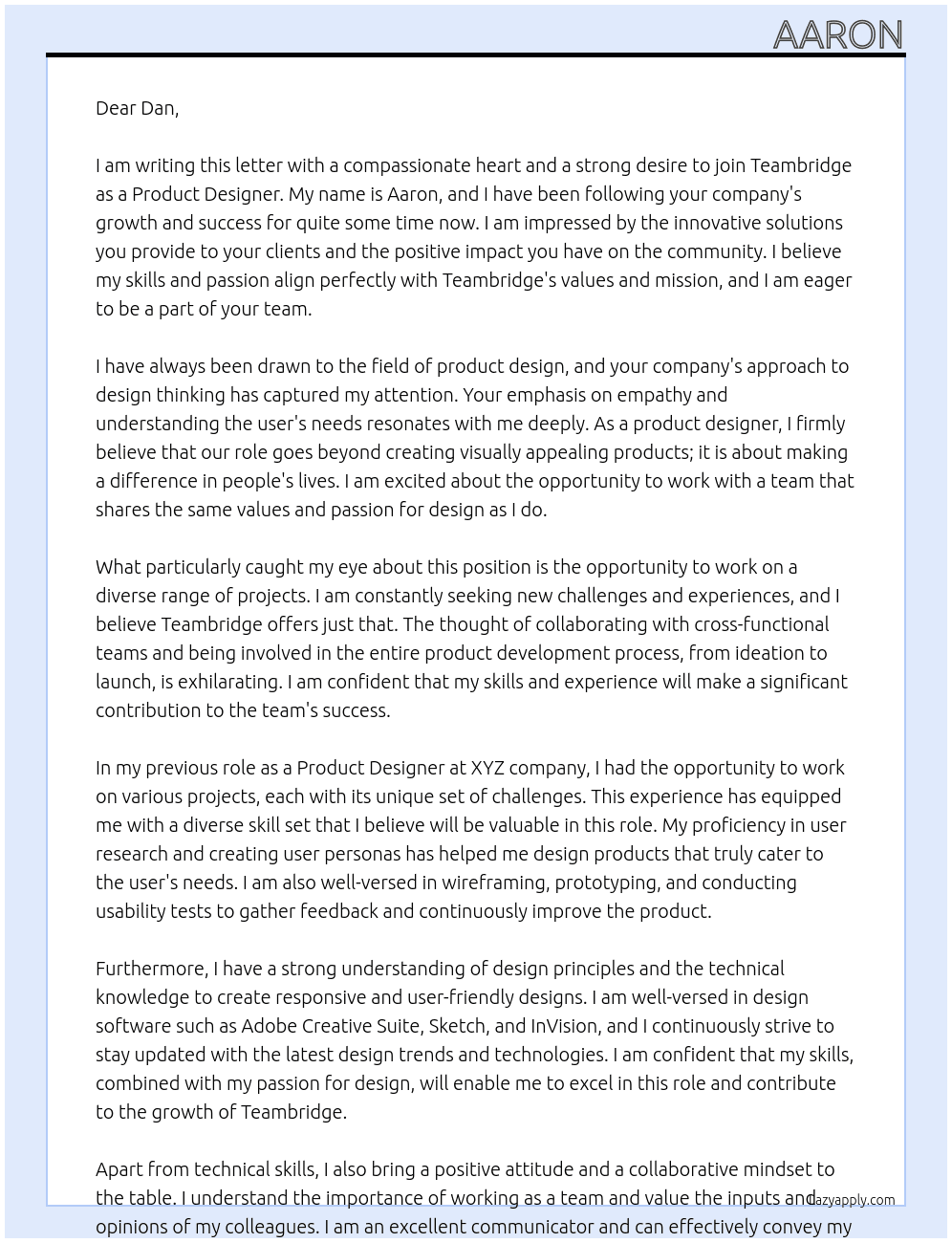 product designer At teambridge Cover Letter