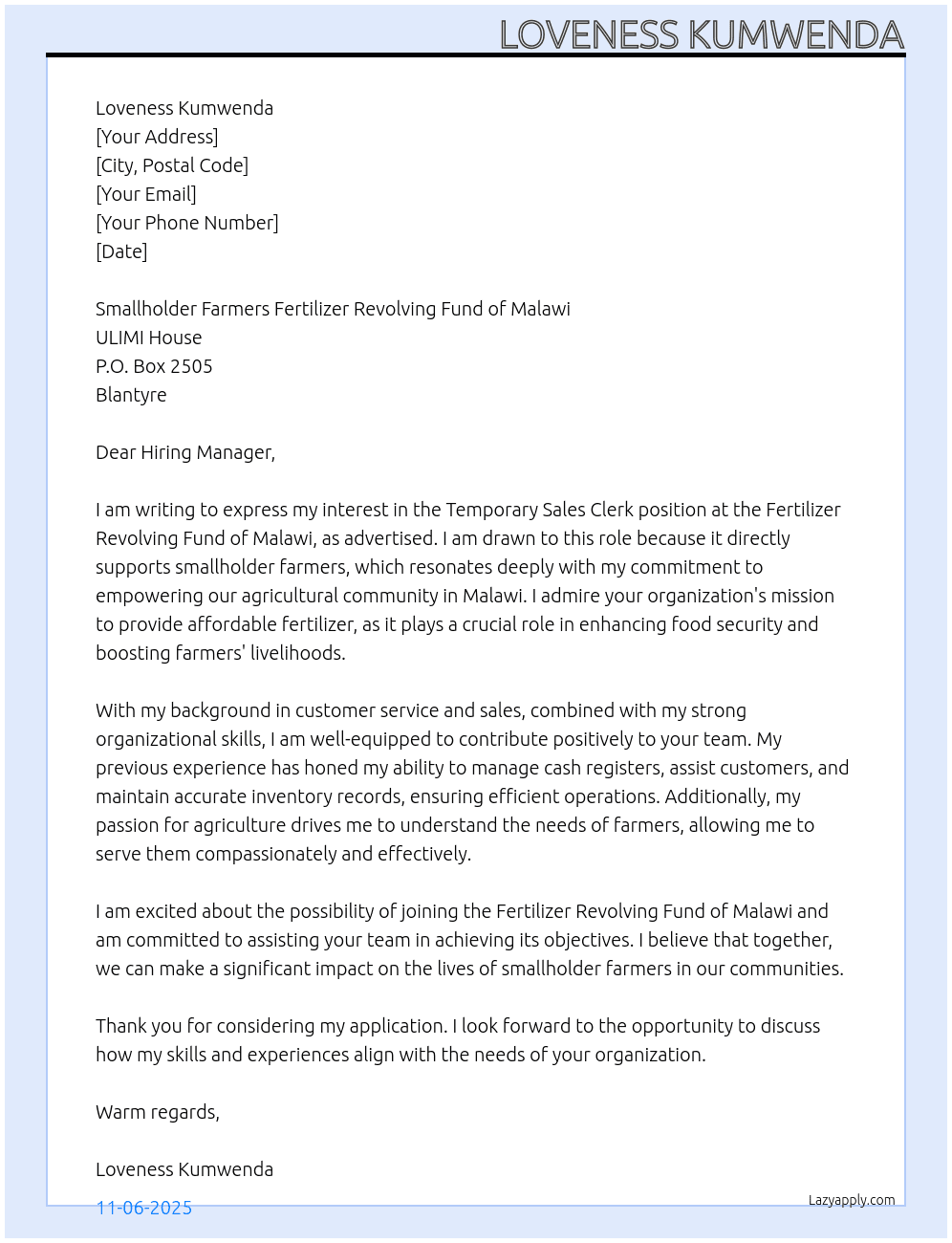 Temporary Sales Clerk At  Fertilizer Revolving Fund of Malawi Cover Letter