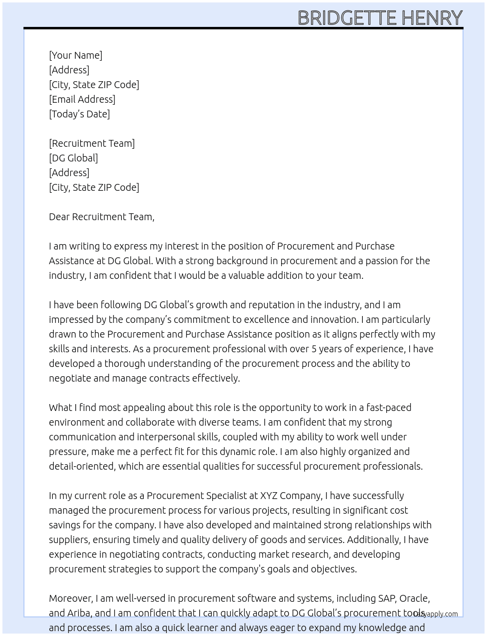 Procurement and Purchase Assistance  At DG Global Cover Letter