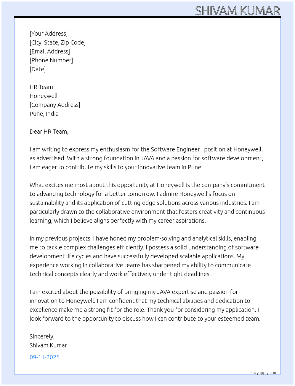 Software engineer I At HONEYWELL Cover Letter