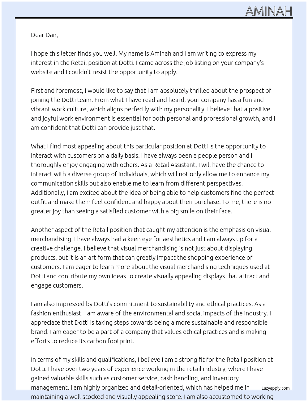 Retail  At Dotti Cover Letter