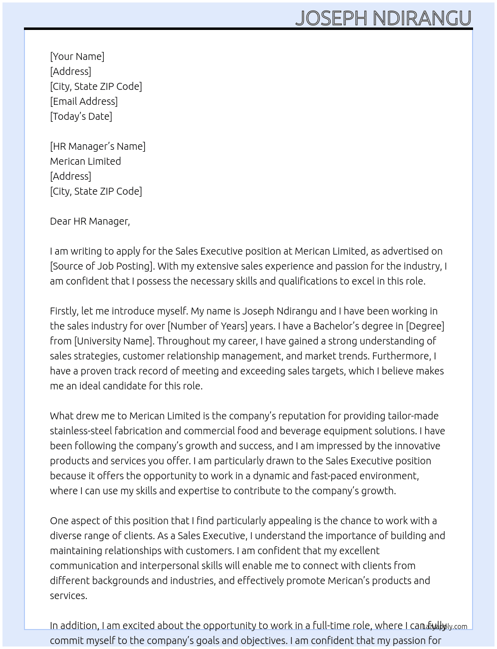 Sales Executive At Merican Cover Letter