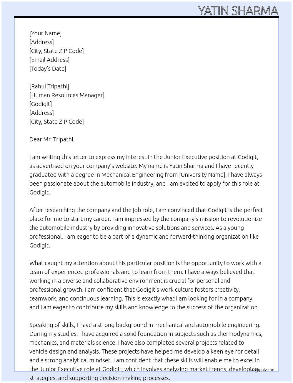 Junior Executive At Godigit Cover Letter