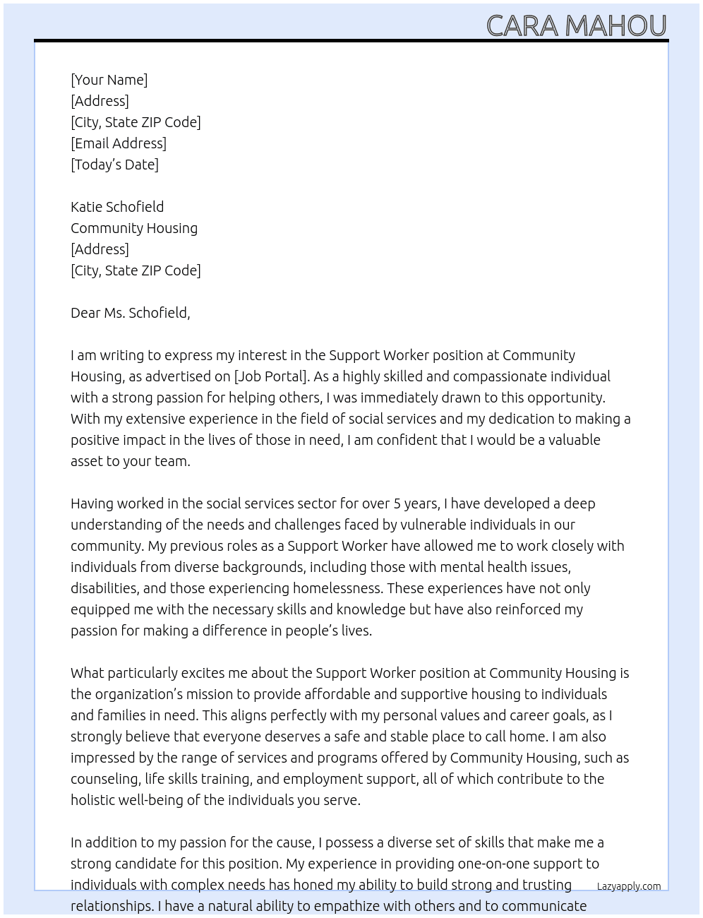 Support Worker At Community Housing  Cover Letter