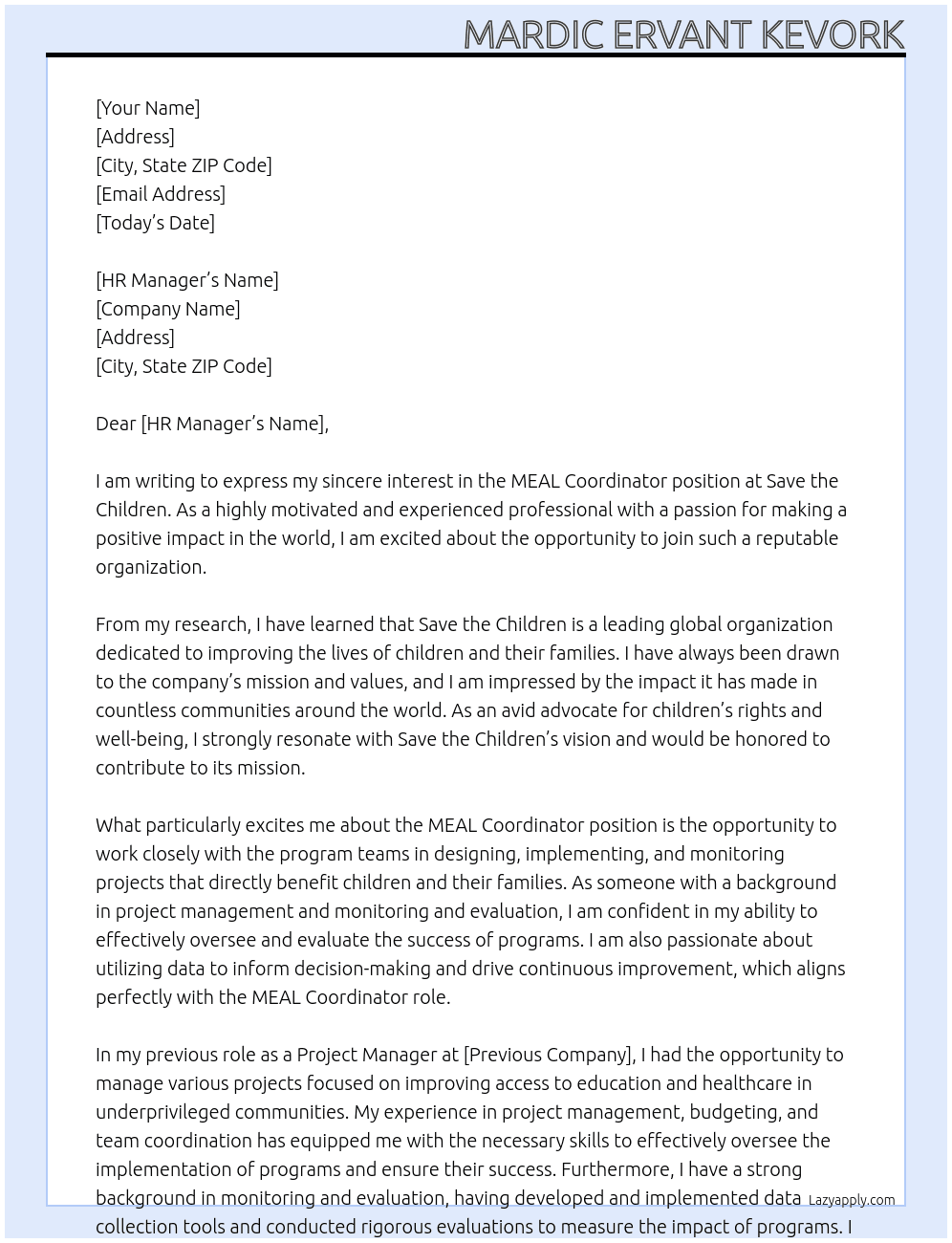  MEAL Coordinator At save the children Cover Letter