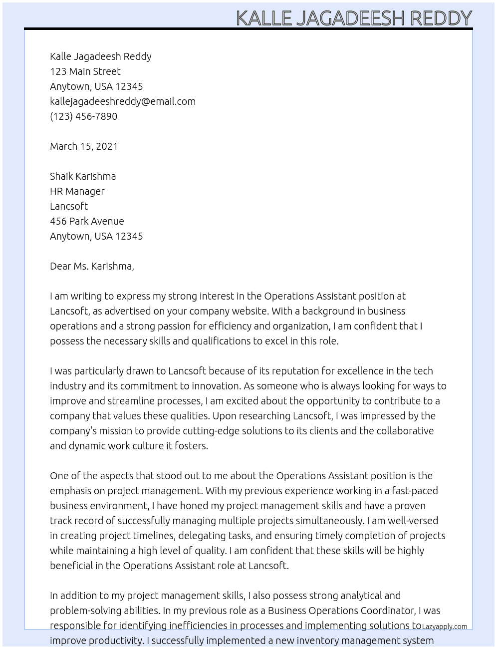 Operations Assistant At Lancsoft Cover Letter